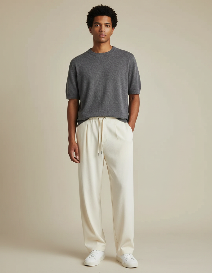 Pantalon Fluide Écru Ample Décontracté Homme Léger - Beige Polyester