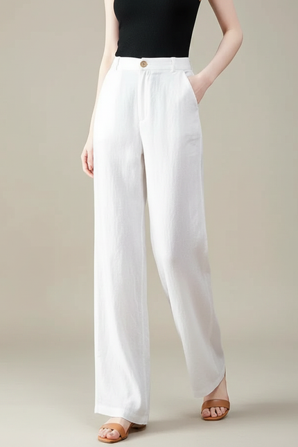 Pantalon Fluide Blanc Lin Ample Décontracté Élégant