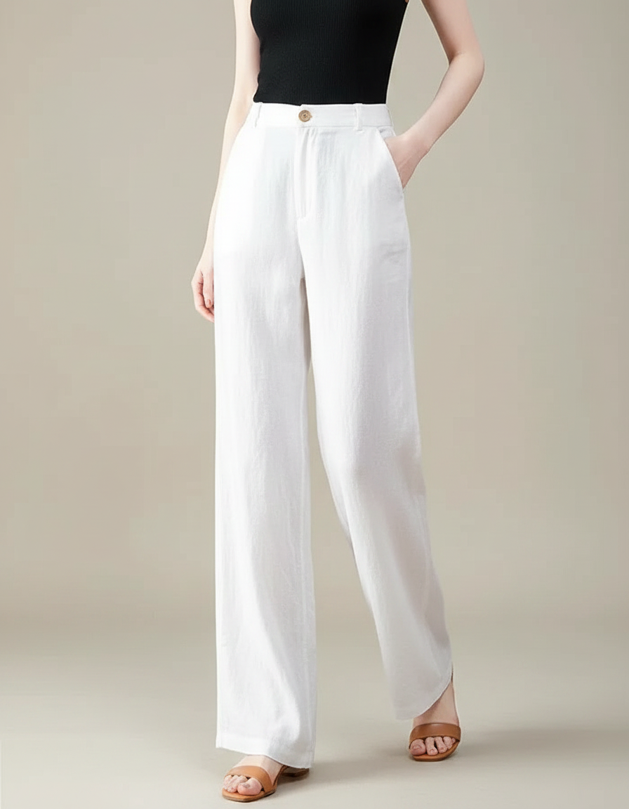 Pantalon Fluide Blanc Lin Ample Décontracté Élégant