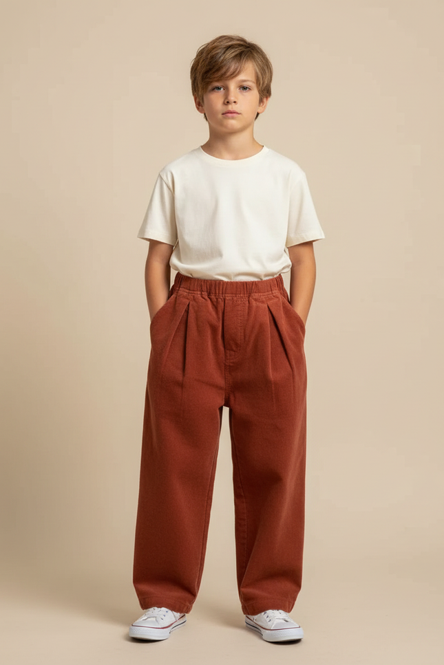 Pantalon Fluide Marron Côtelé Ample Décontracté Enfant - Cordé