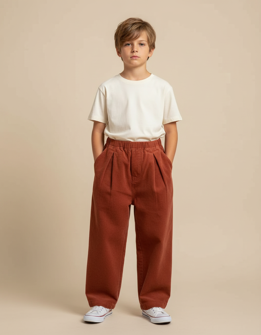 Pantalon Fluide Marron Côtelé Ample Décontracté Enfant - Cordé