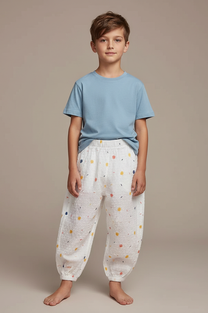 Pantalon Fluide Blanc Ample Imprimé Confettis Coton Enfant