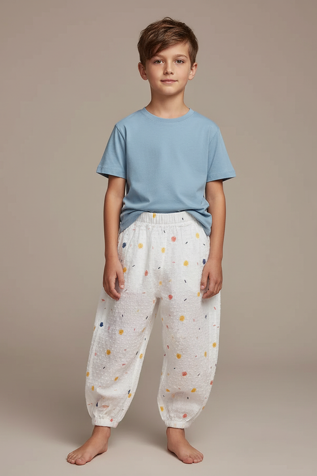 Pantalon Fluide Blanc Ample Imprimé Confettis Coton Enfant