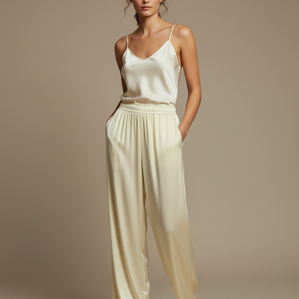 Pantalon Fluide Crème Satiné Ample Décontracté Élégant - Jaune