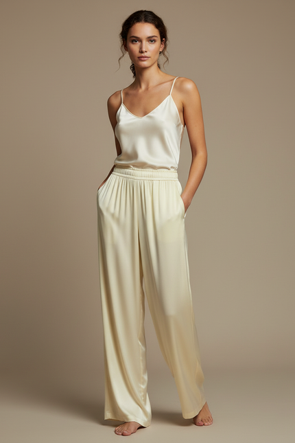 Pantalon Fluide Crème Satiné Ample Décontracté Élégant - Jaune