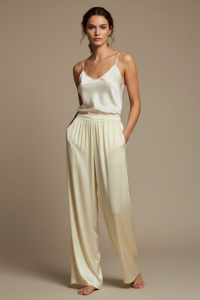 Pantalon Fluide Crème Satiné Ample Décontracté Élégant - Jaune