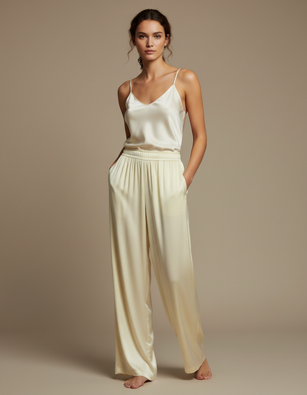 Pantalon Fluide Crème Satiné Ample Décontracté Élégant - Jaune