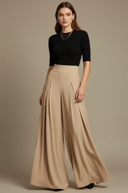 Pantalon Fluide Beige Large Plissé Élégant Taille Haute - Viscose