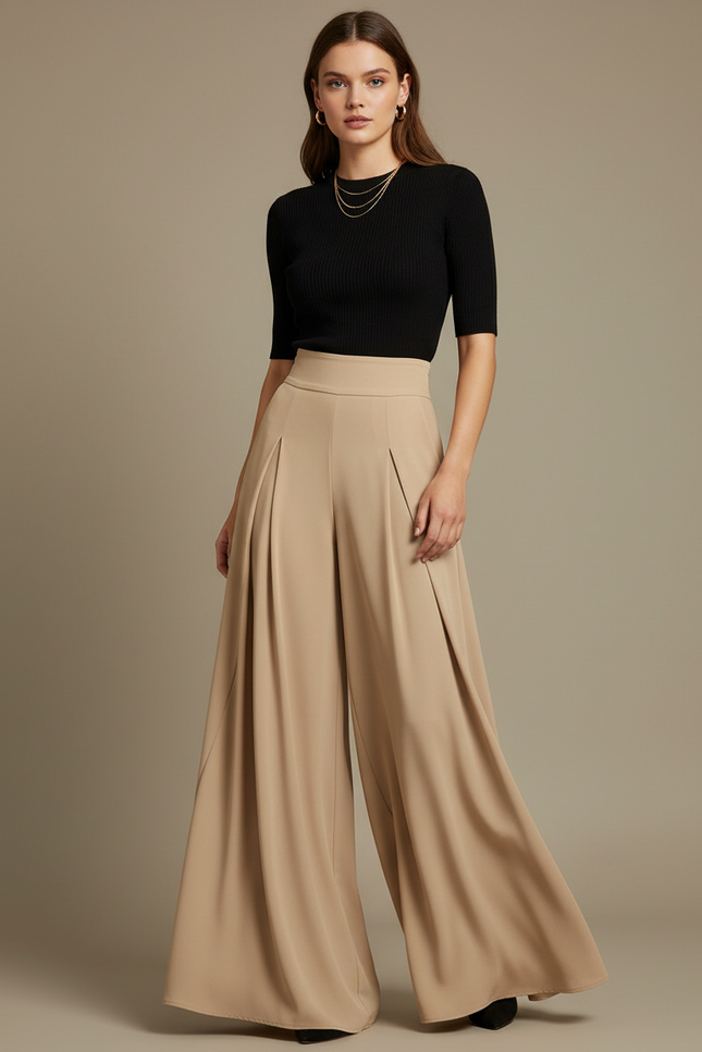 Pantalon Fluide Beige Large Plissé Élégant Taille Haute - Viscose