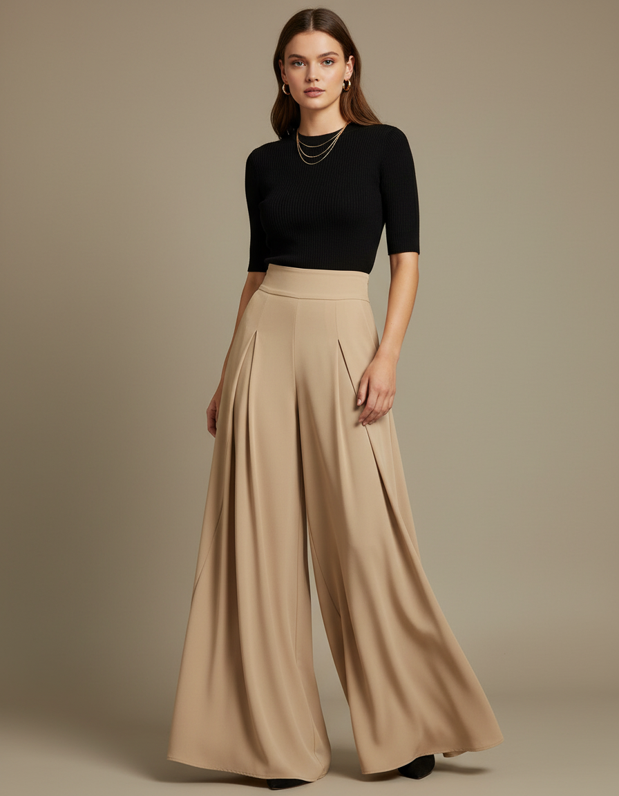 Pantalon Fluide Beige Large Plissé Élégant Taille Haute - Viscose