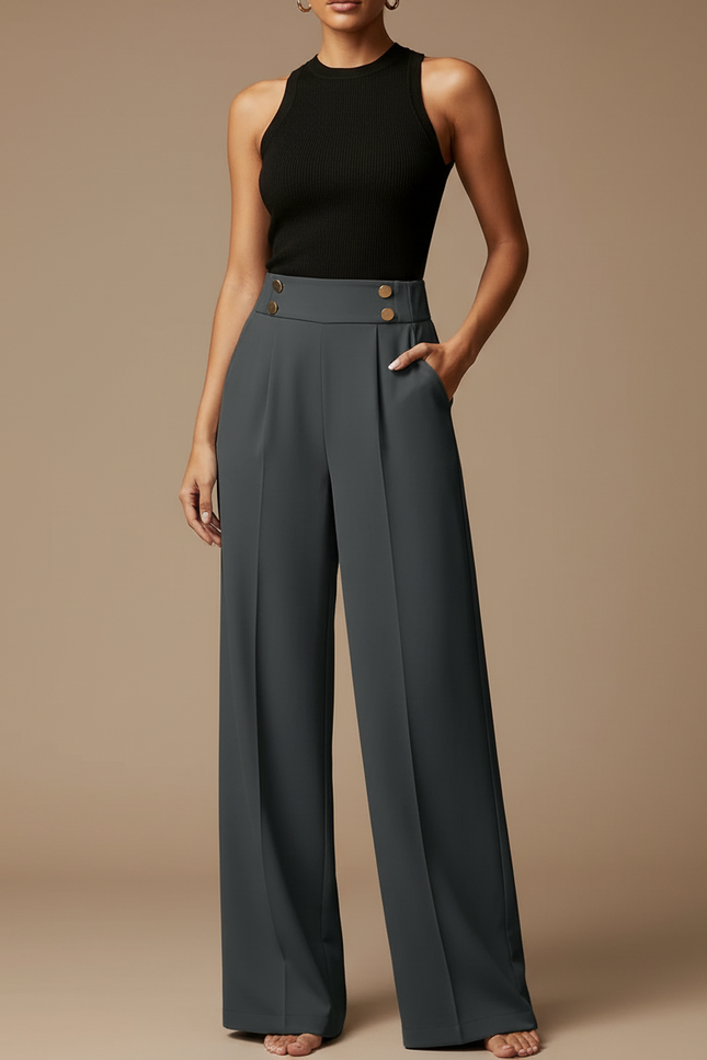 Pantalon Fluide Taille Haute Ample Boutons Élégant - Gris Polyester