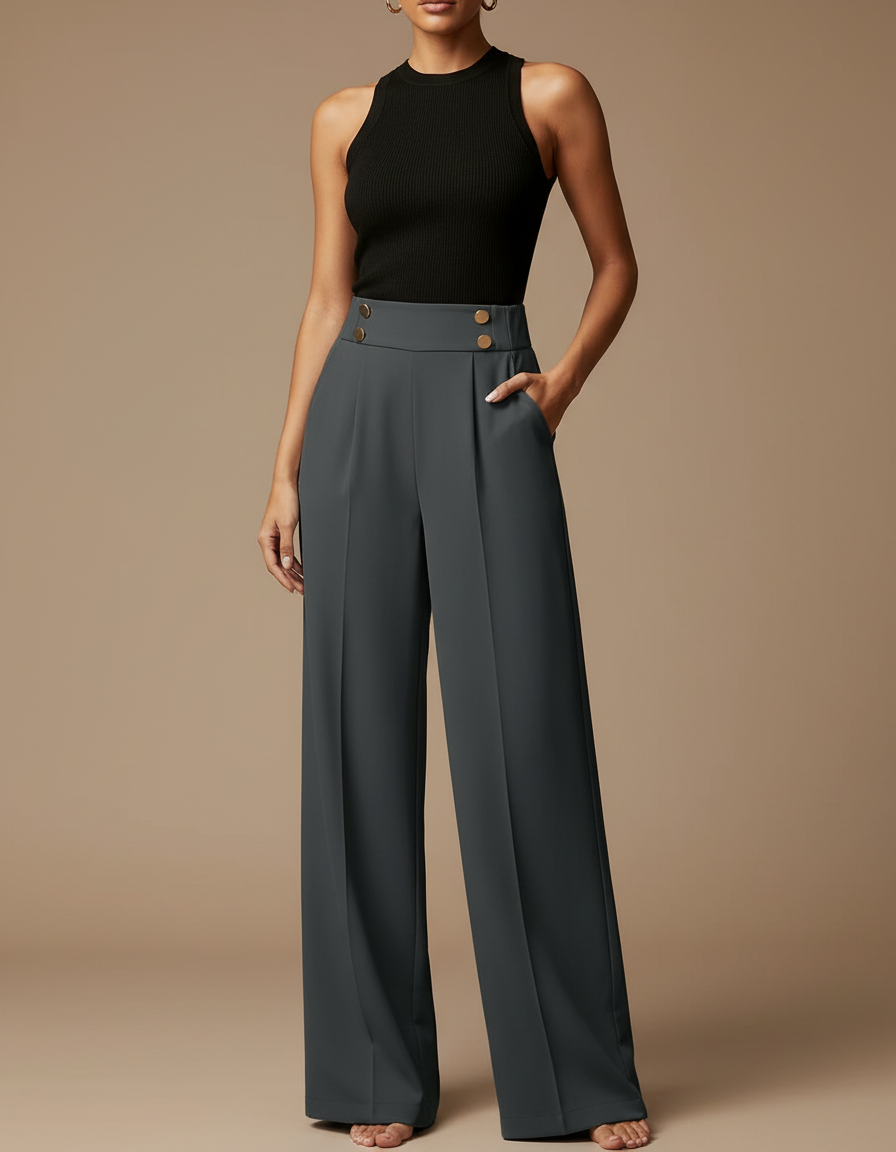 Pantalon Fluide Taille Haute Ample Boutons Élégant - Gris Polyester