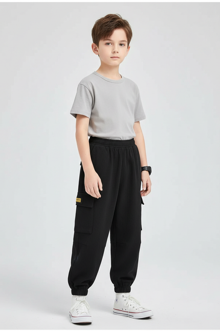 Pantalon Fluide Noir Cargo Côtelé Ample Enfant - Cordé