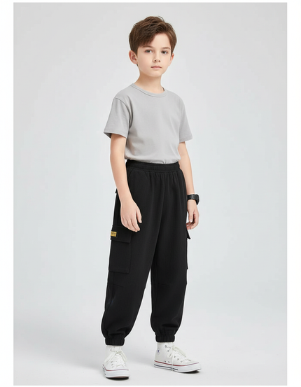 Pantalon Fluide Noir Cargo Côtelé Ample Enfant - Cordé
