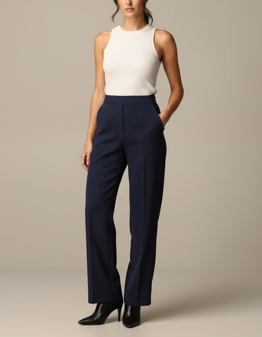 Pantalon Fluide Marine Taille Haute Droit Élégant Femme - Polyester