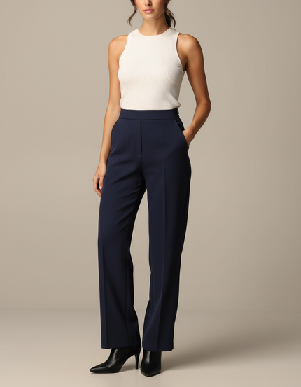 Pantalon Fluide Marine Taille Haute Droit Élégant Femme - Polyester