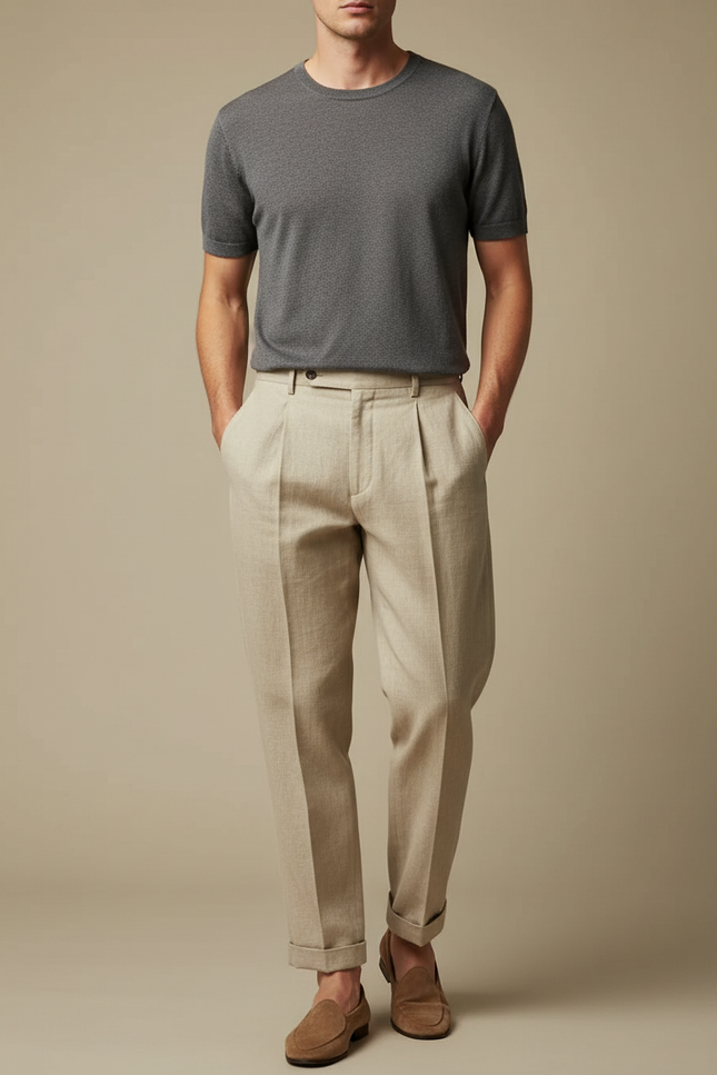 Pantalon Fluide Beige Lin Plissé Droit Élégant Homme