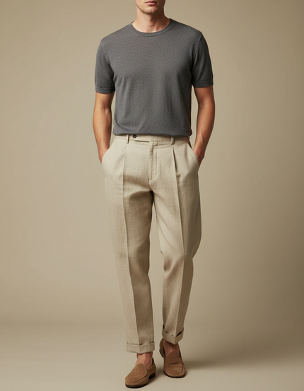 Pantalon Fluide Beige Lin Plissé Droit Élégant Homme