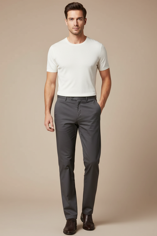 Pantalon Fluide Gris Coton Droit Élégant Homme - Gabardine