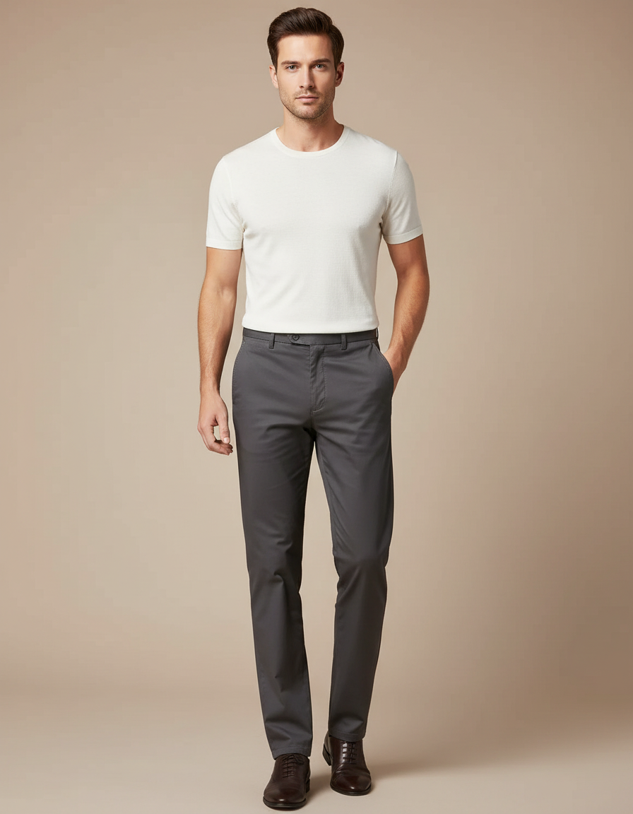 Pantalon Fluide Gris Coton Droit Élégant Homme - Gabardine