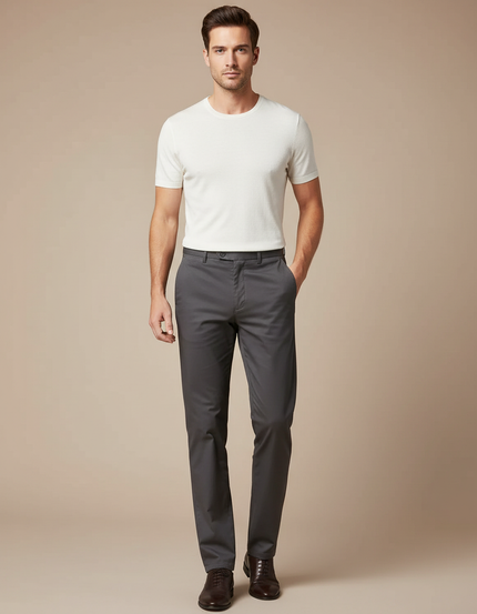 Pantalon Fluide Gris Coton Droit Élégant Homme - Gabardine