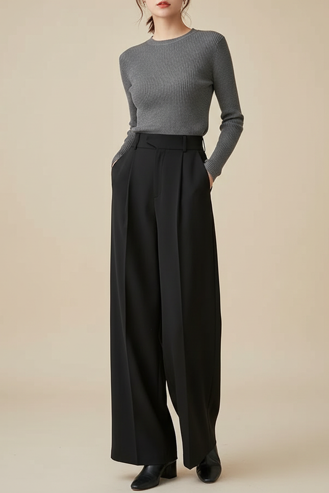 Pantalon Fluide Noir Ample Taille Haute Élégant Plissé Femme - Polyester