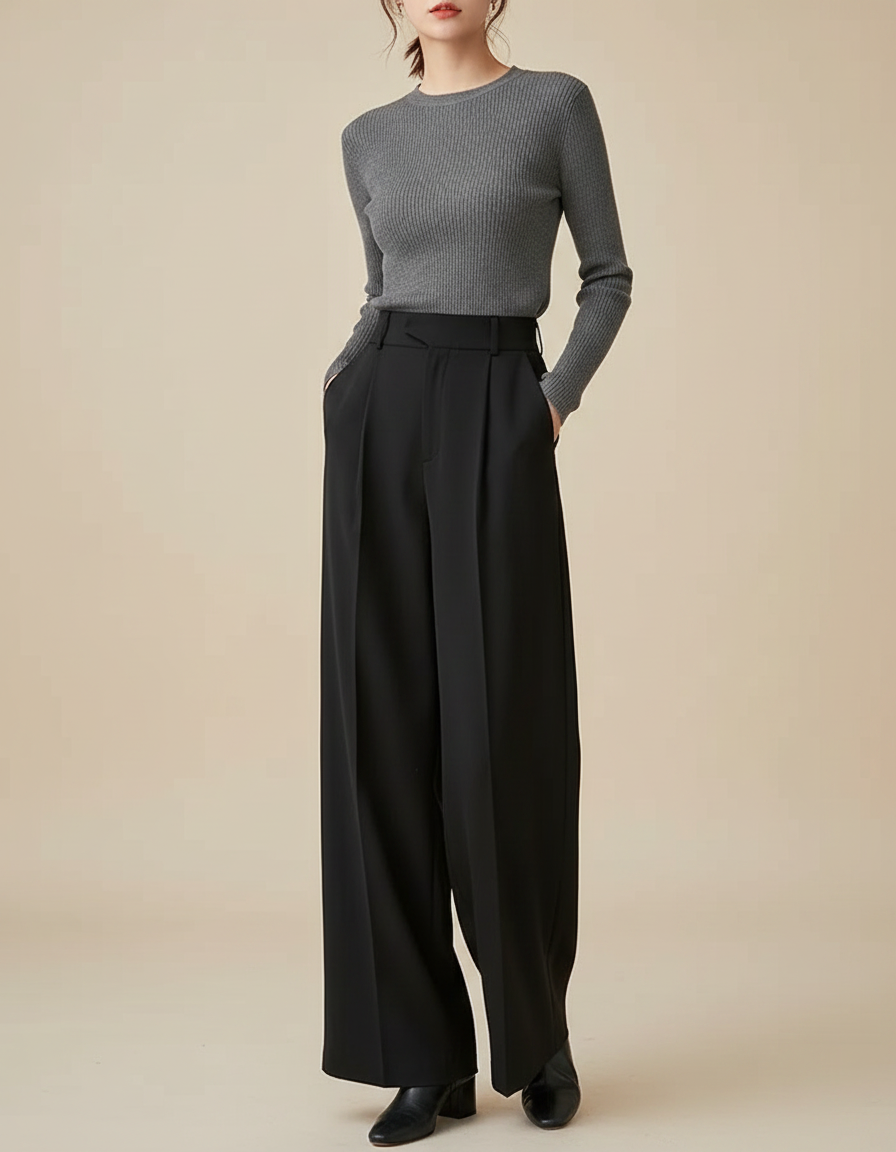 Pantalon Fluide Noir Ample Taille Haute Élégant Plissé Femme - Polyester
