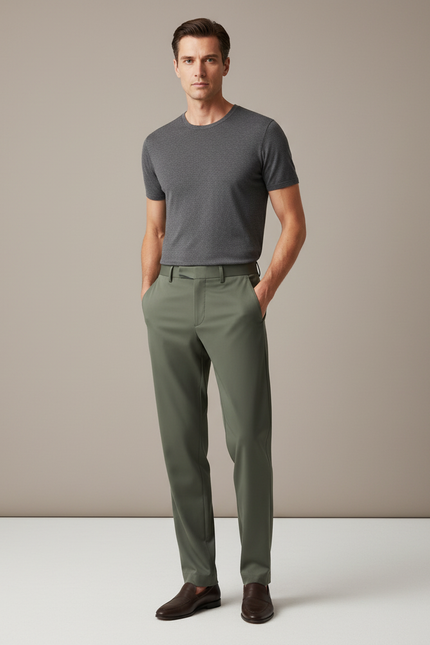 Pantalon Fluide Vert Kaki Droit Stretch Homme Élégant - Polyester