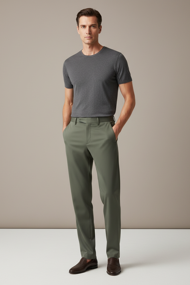 Pantalon Fluide Vert Kaki Droit Stretch Homme Élégant - Polyester