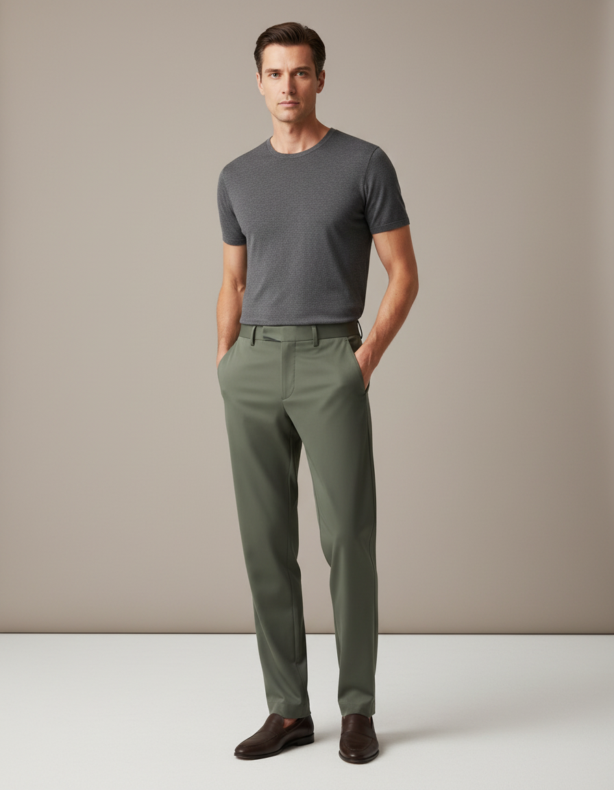 Pantalon Fluide Vert Kaki Droit Stretch Homme Élégant - Polyester