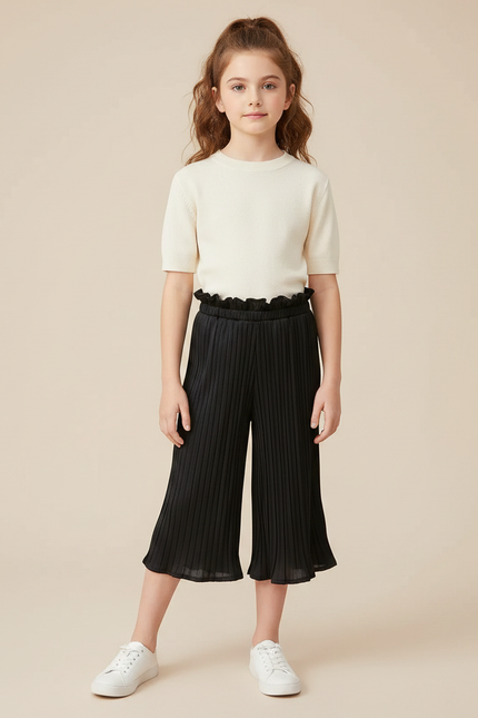 Pantalon Fluide Noir Plissé Élastique Fille Élégant - Polyester