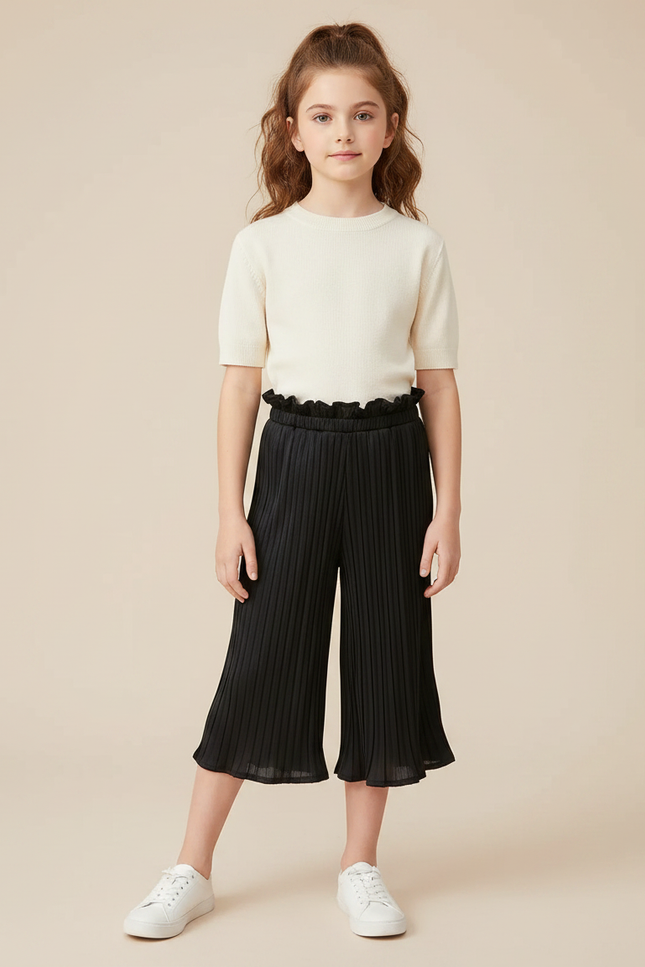 Pantalon Fluide Noir Plissé Élastique Fille Élégant - Polyester