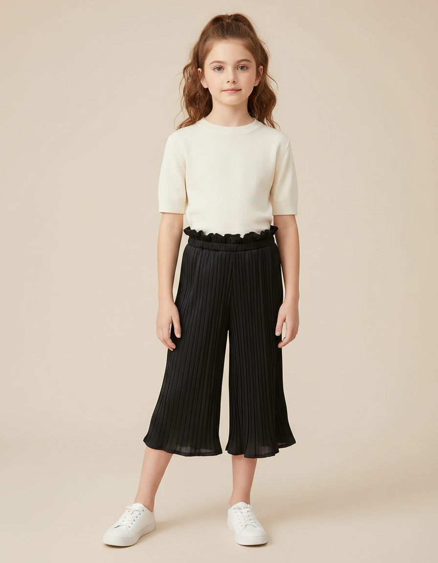 Pantalon Fluide Noir Plissé Élastique Fille Élégant - Polyester
