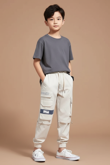 Pantalon Fluide Cargo Beige Ample Multi-Poches Garçon - Toile
