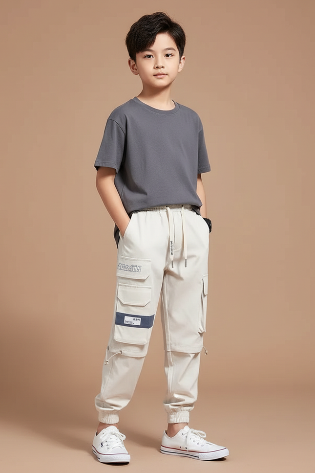 Pantalon Fluide Cargo Beige Ample Multi-Poches Garçon - Toile