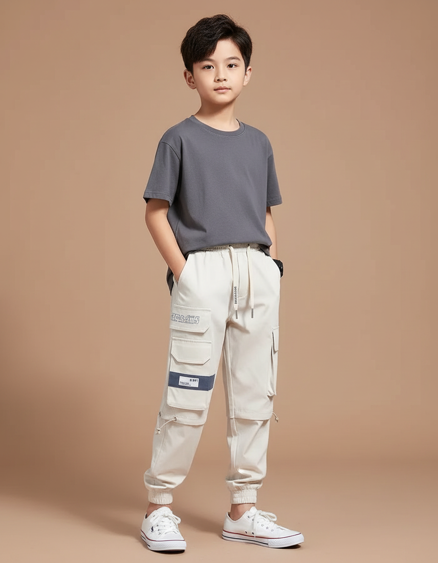 Pantalon Fluide Cargo Beige Ample Multi-Poches Garçon - Toile