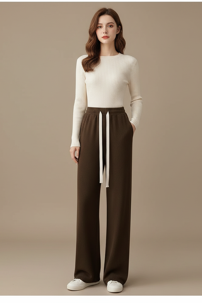 Pantalon Fluide Marron Ample Décontracté Cordon Femme - Molleton