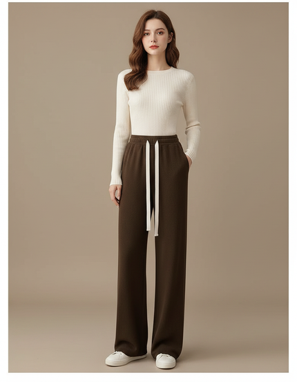 Pantalon Fluide Marron Ample Décontracté Cordon Femme - Molleton