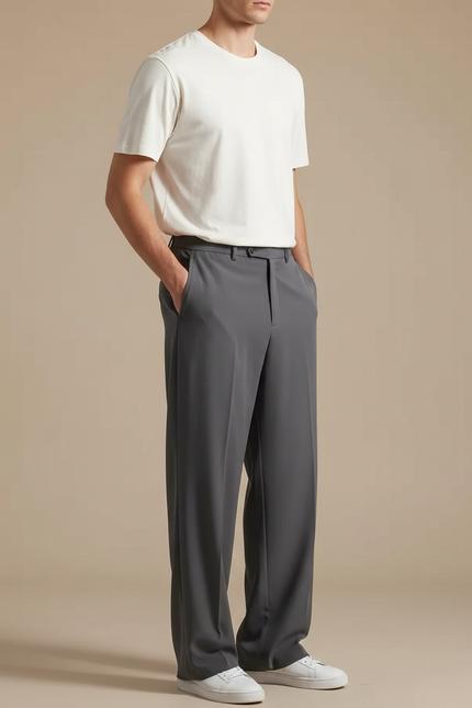 Pantalon Fluide Gris Droit Ample Décontracté Homme - Polyester