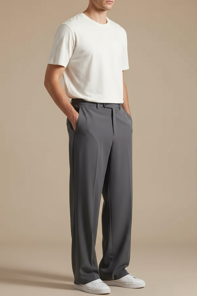 Pantalon Fluide Gris Droit Ample Décontracté Homme - Polyester