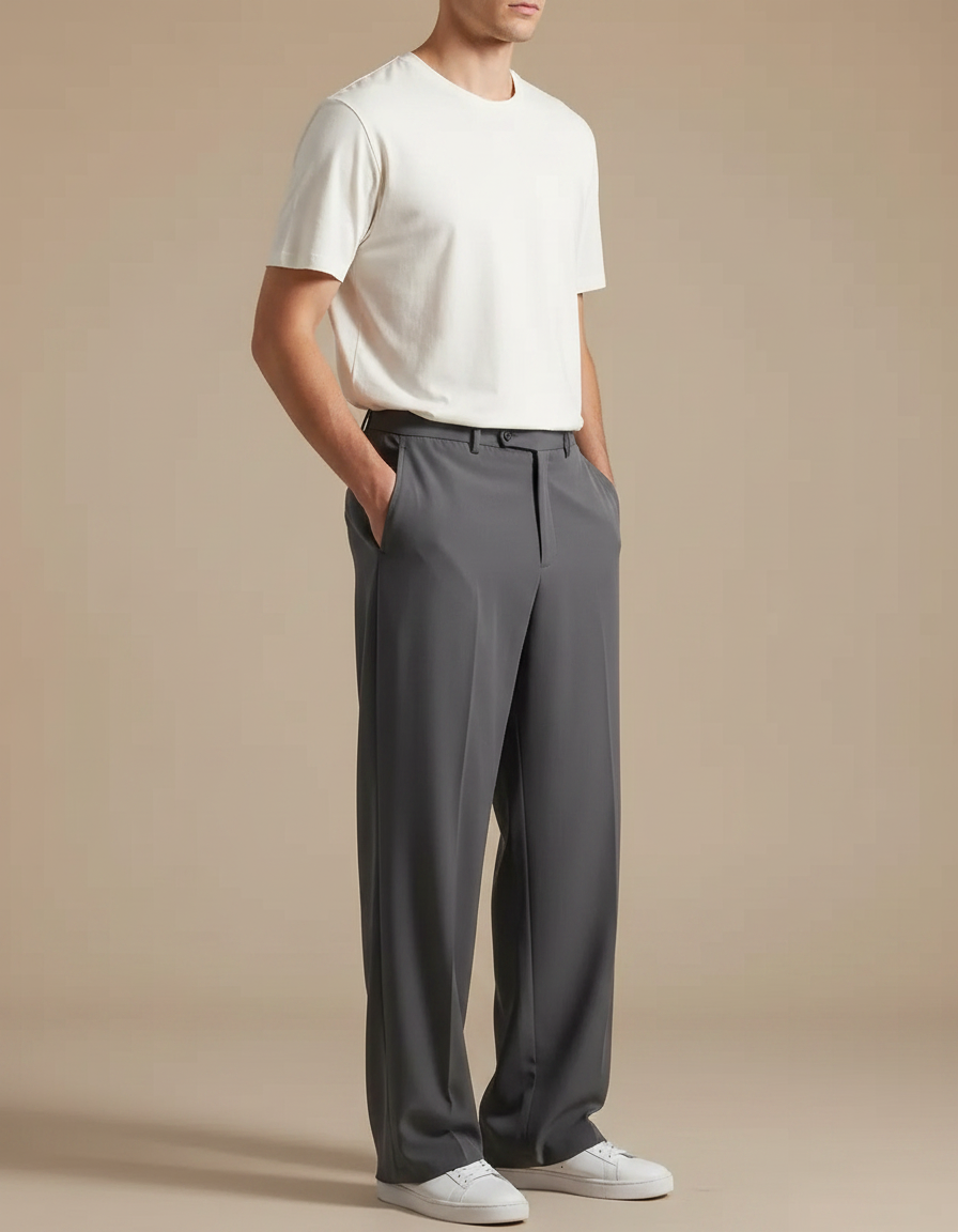 Pantalon Fluide Gris Droit Ample Décontracté Homme - Polyester