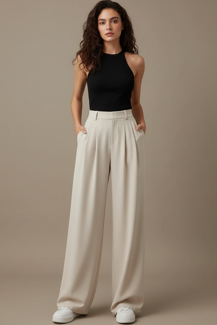 Pantalon Fluide Beige Ample Plissé Décontracté Élégant - Polyester