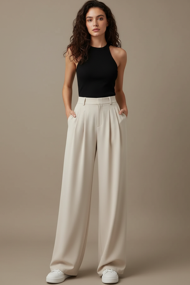 Pantalon Fluide Beige Ample Plissé Décontracté Élégant - Polyester