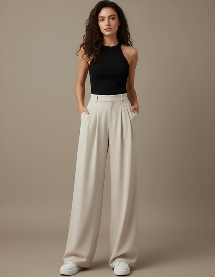 Pantalon Fluide Beige Ample Plissé Décontracté Élégant - Polyester