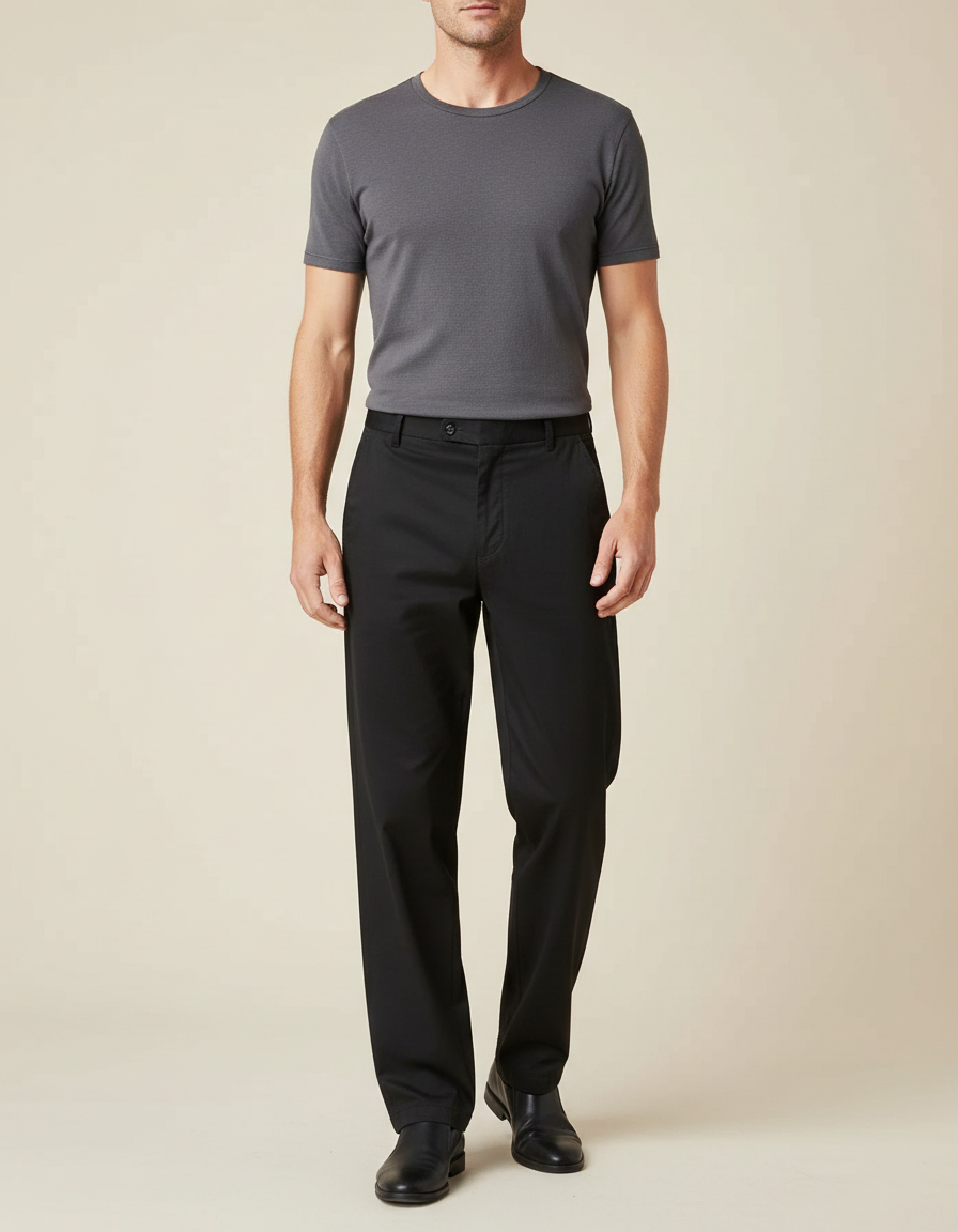 Pantalon Fluide Noir Coton Droit Élégant Homme - Gabardine