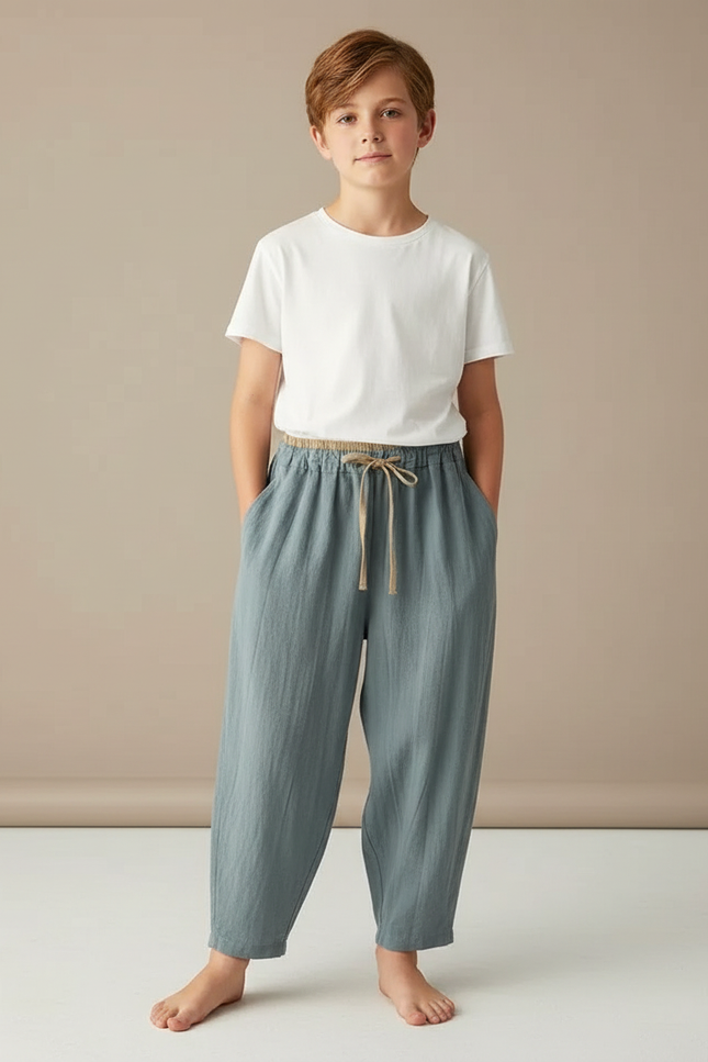 Pantalon Fluide Vert Lin Coton Ample Décontracté