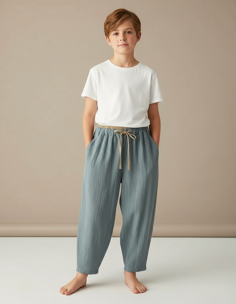 Pantalon Fluide Vert Lin Coton Ample Décontracté