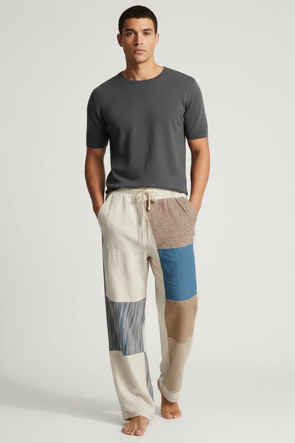 Pantalon Fluide Patchwork Lin Ample Décontracté Homme - Multicolore