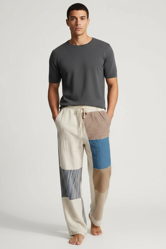 Pantalon Fluide Patchwork Lin Ample Décontracté Homme - Multicolore