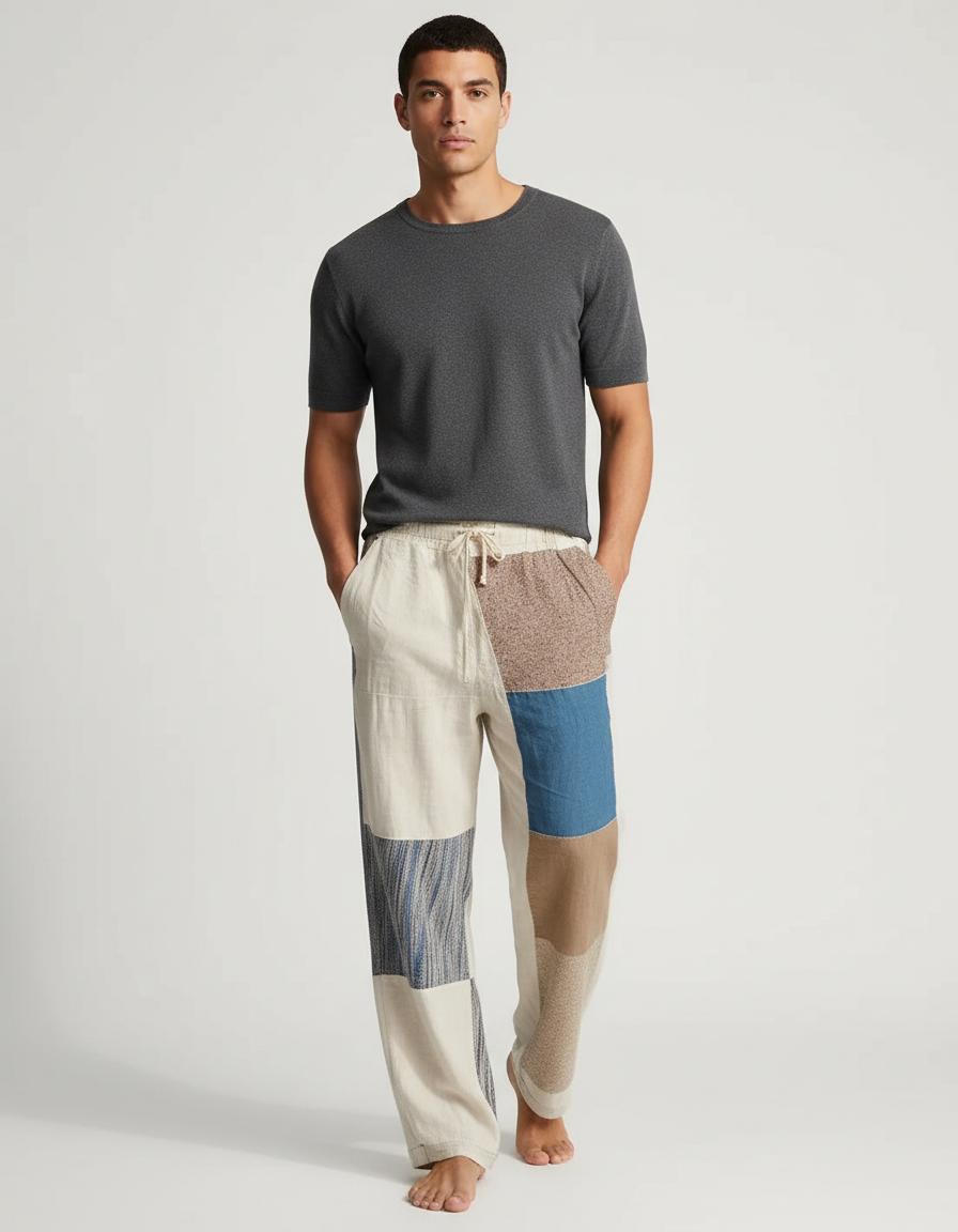 Pantalon Fluide Patchwork Lin Ample Décontracté Homme - Multicolore